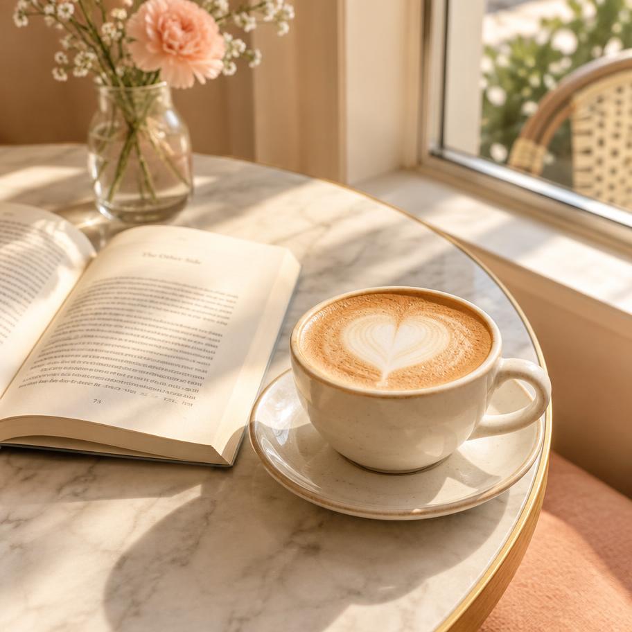 A cappuccino and open book by a sunny window
