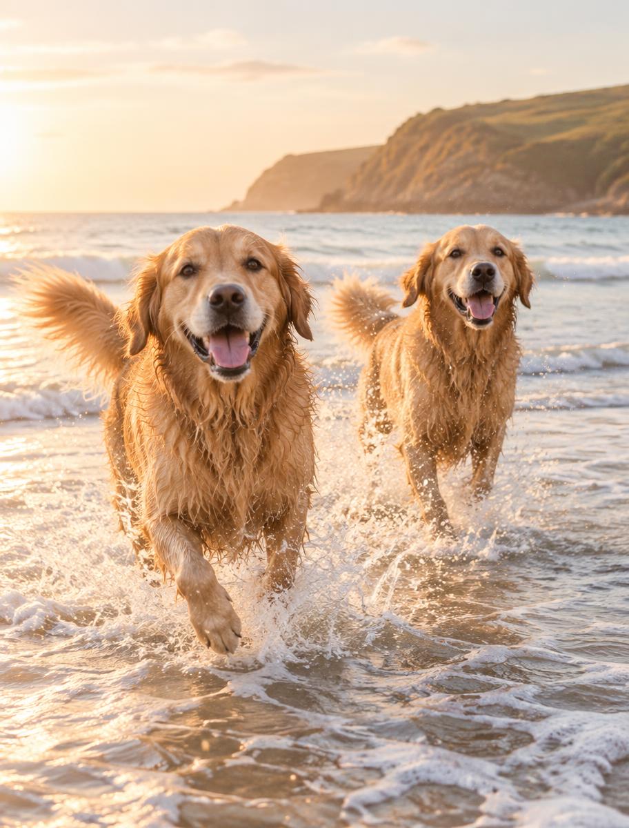 Two golden retrievers running through the sea